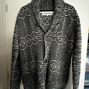 Elegant Black and White Wool Patterned Cardigan Sweater.  Icelandic pattern.